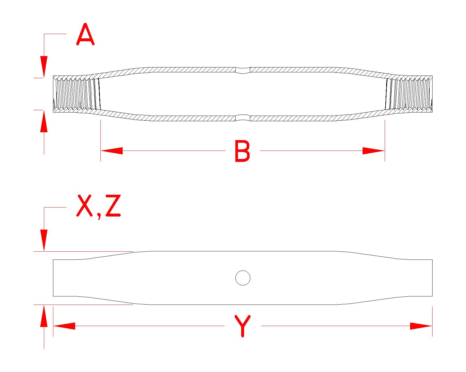 Stainless Steel Turnbuckle Body - Closed, P0101-BD05, P0101-BD07, P0101-BD08, P0101-BD10, P0101-BD13, P0101-BD16, P0780-BD05, P0780-BD07, P0780-BD09, P0780-BD10, P0780-BD13, P0780-BD16, P0780-BD20, P0780-BD22, Line Drawing